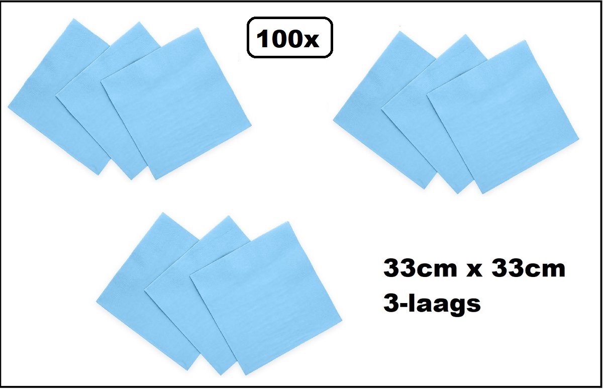 100 stuks Servetten licht blauw 33cm x 33cm - 3 laags - Cocktail servet diner eten knoeien restaurant BBQ thema feest verjaardag feest