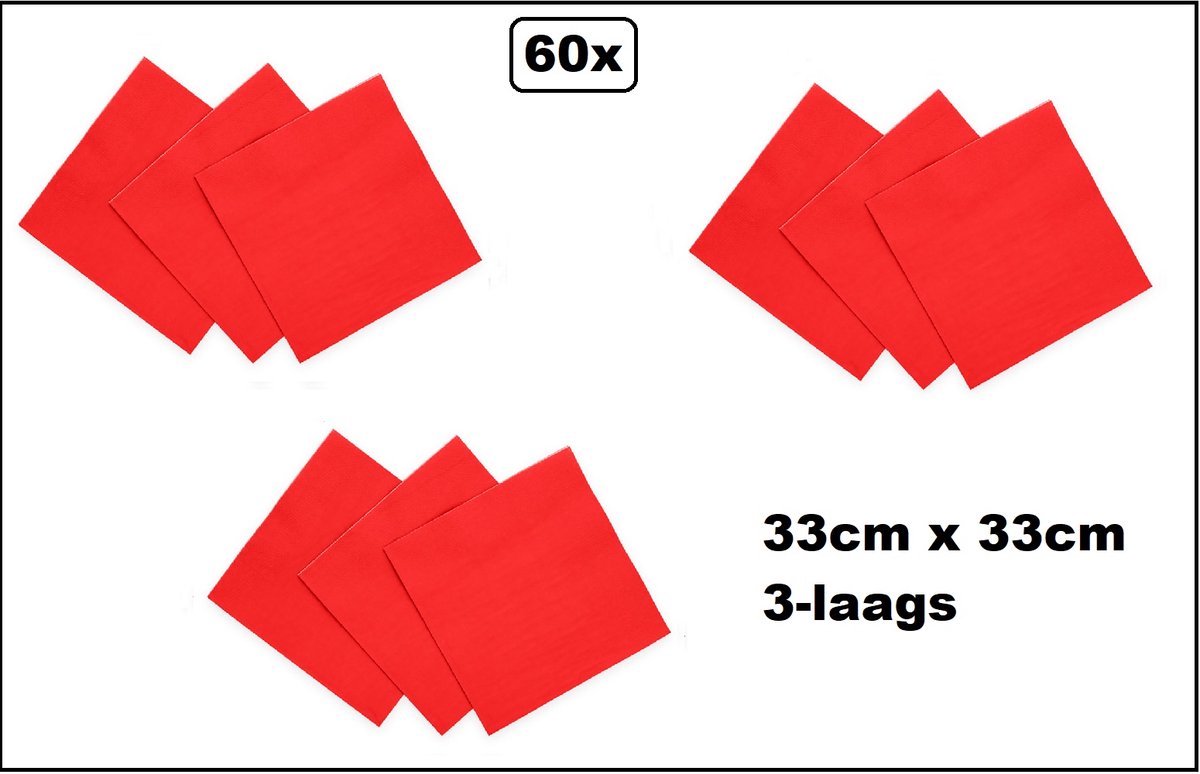 60 stuks Servetten rood 33cm x 33cm - 3 laags - Cocktail servet diner eten knoeien restaurant BBQ thema feest verjaardag feest