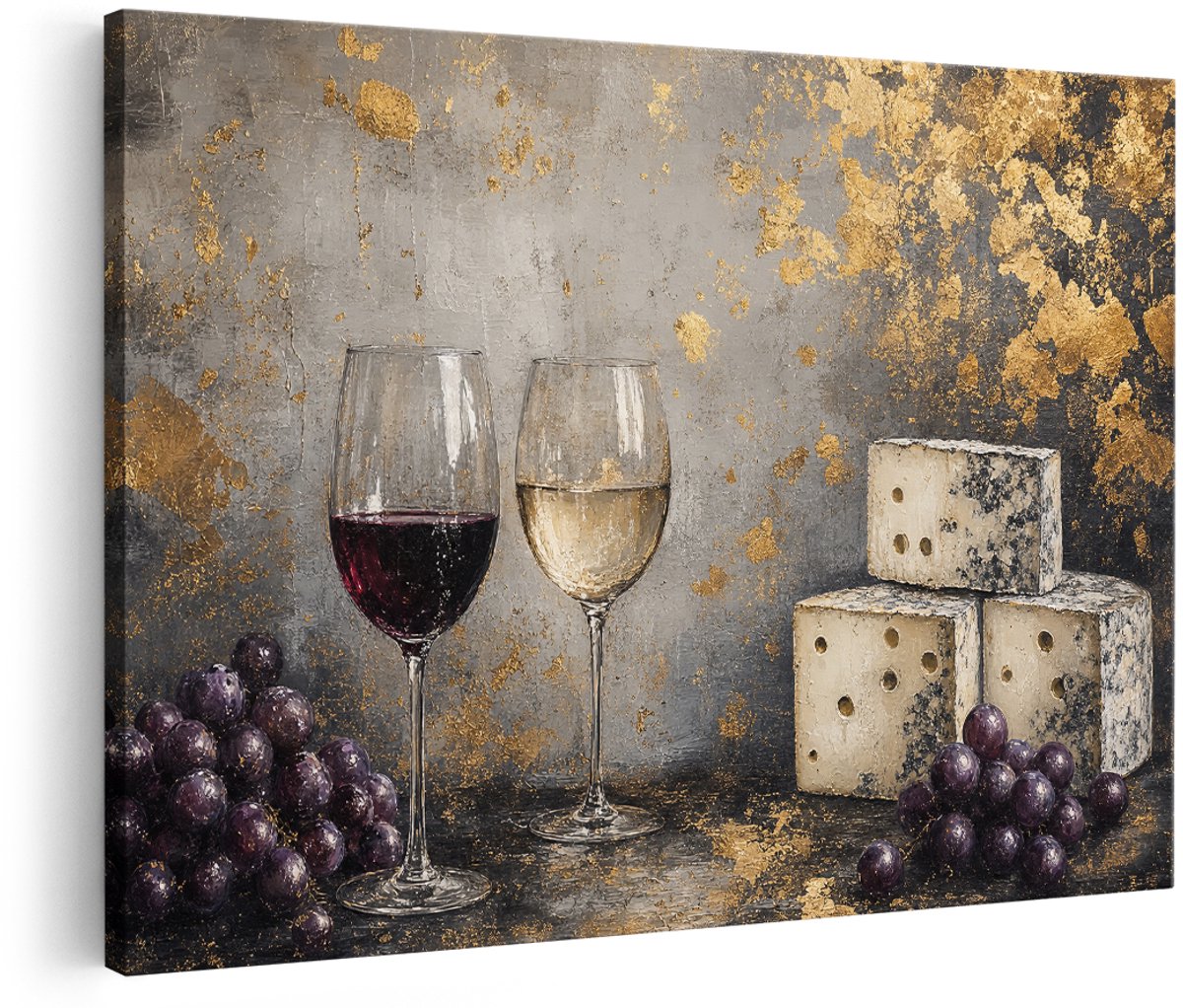 Artaza Canvas Schilderij Wijn en Kaas - Eten En Drinken - Industrieel - 150x100 cm - Groot - Wanddecoratie Woonkamer - Schilderijen - Muurdecoratie