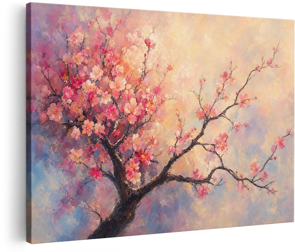 Artaza Canvas Schilderij Bloesemboom - Aquarel In Roze En Pastel - 150x100 cm - Groot - Wanddecoratie Woonkamer - Schilderijen - Muurdecoratie