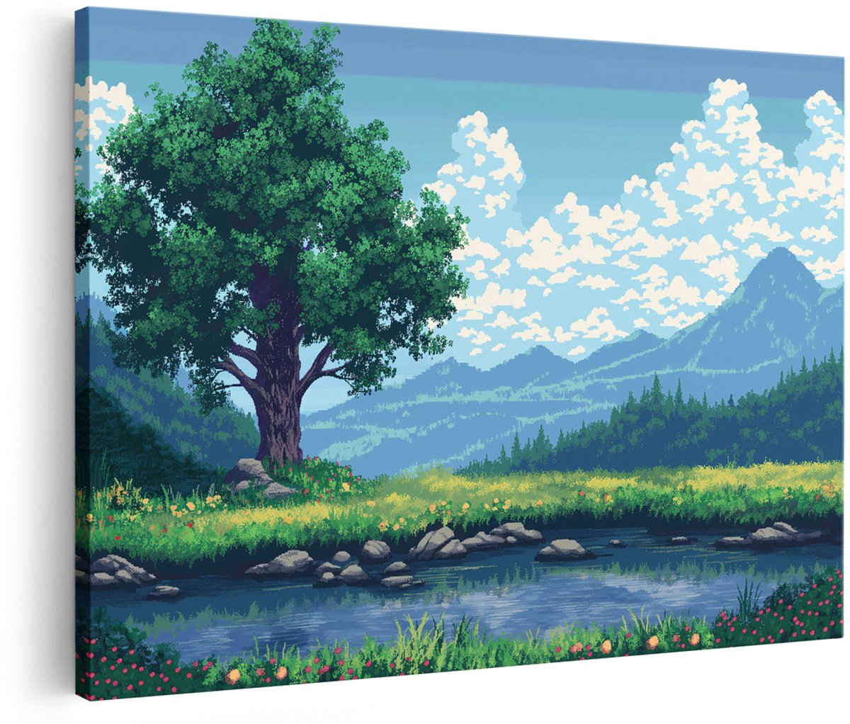 Artaza Canvas Schilderij Landschap - 150x100 cm - Groot - Wanddecoratie Natuur - Muurdecoratie Boom En Bergen - Decoratie Pixel Art Retro