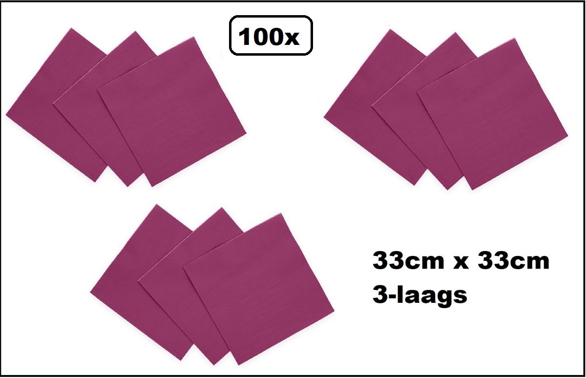 100 stuks Servetten paars 33cm x 33cm - 3 laags - Cocktail servet diner eten knoeien restaurant BBQ thema feest verjaardag feest
