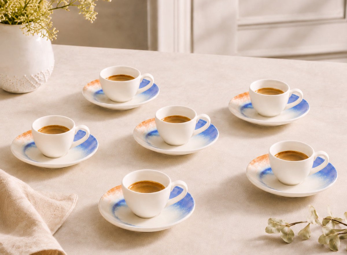 Bonna Kymen - Espresso kopjes & schotel - 80 cc - Porselein - set van 6