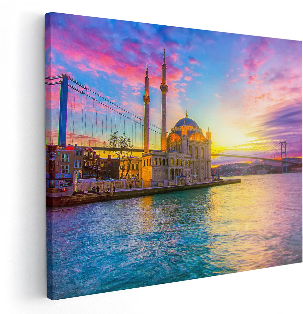 Artaza Canvas Schilderij Kleurrijke Ortakoy Moskee In Instanbul - 150x120 cm - Groot - Wanddecoratie Woonkamer - Schilderijen - Muurdecoratie