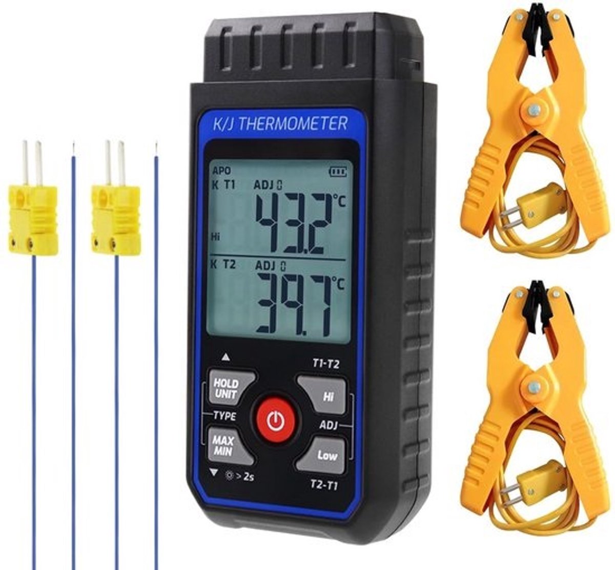 Professionele Dual Channel Thermometer K/J Type - Breed Meetbereik tot 1372°C met 4 Sensoren