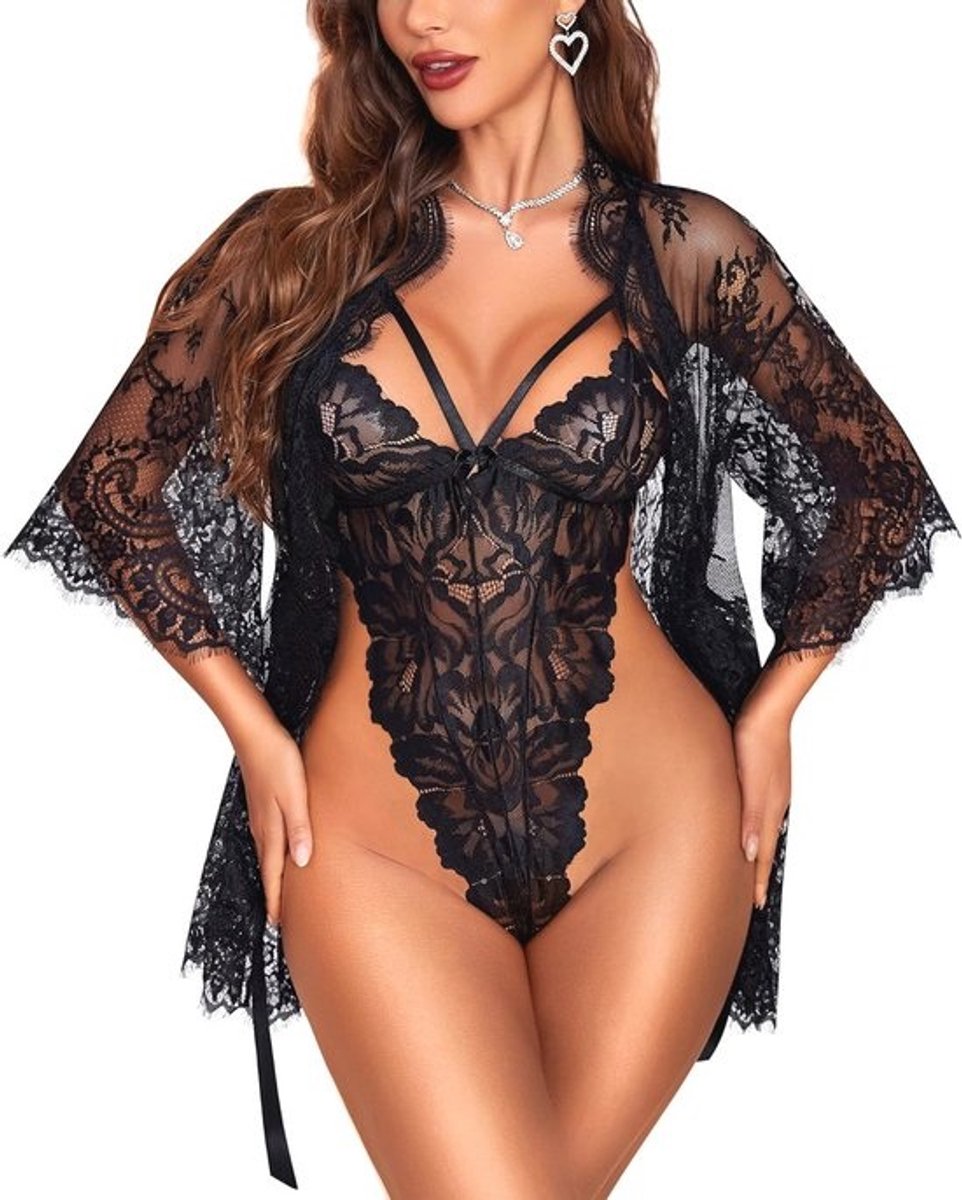 Women's Lace Floral Lingerie Set with Body and Bathrobe