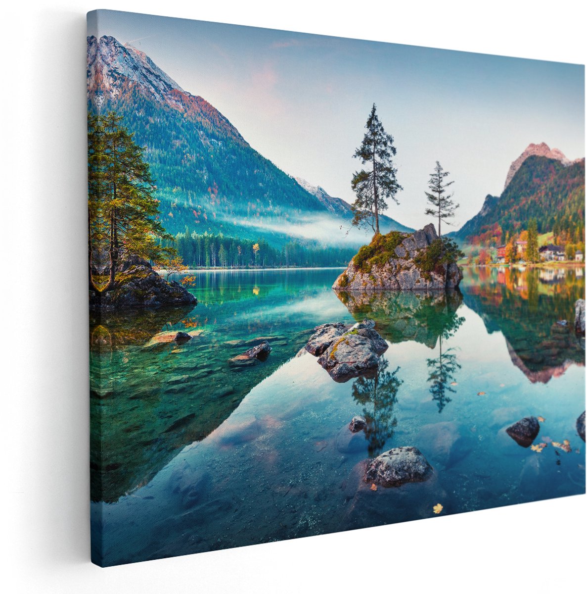 Artaza Canvas Schilderij Meer In De Bergen Tijdens De Herfst - 150x120 cm - Groot - Wanddecoratie Woonkamer - Schilderijen - Muurdecoratie