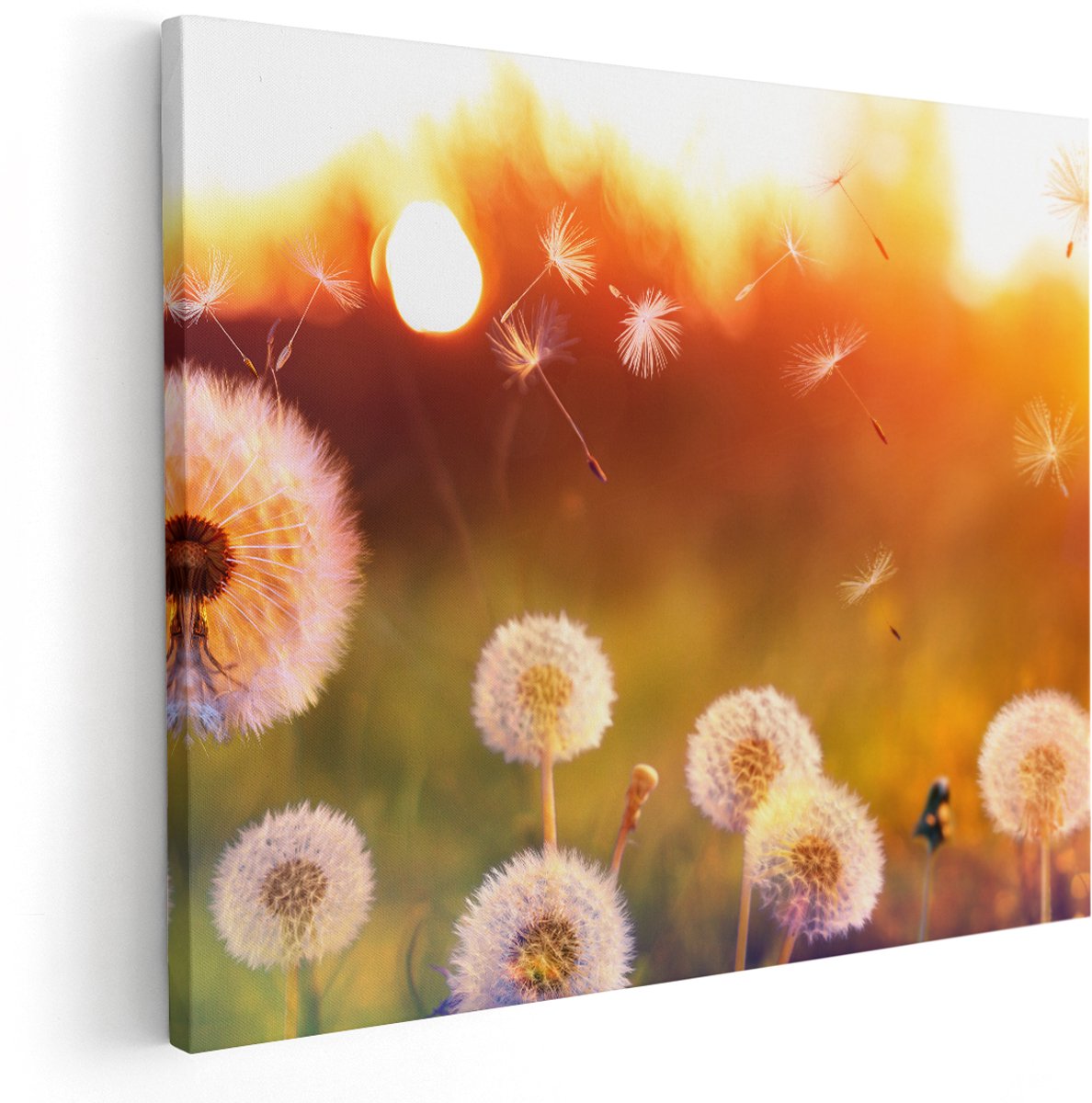 Artaza Canvas Schilderij Paardenbloemen Tijdens Zonsondergang - 150x120 cm - Groot - Wanddecoratie Woonkamer - Schilderijen - Muurdecoratie