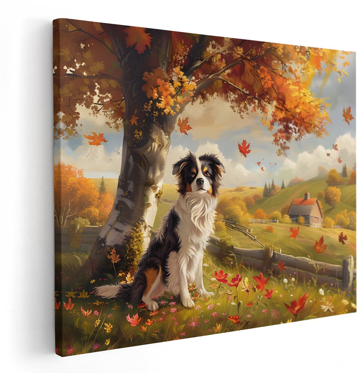 Artaza Canvas Schilderij Hond - 150x120 cm - Groot - Wanddecoratie Australische Herder - Muurdecoratie Herfst Landschap - Decoratie Boerderij