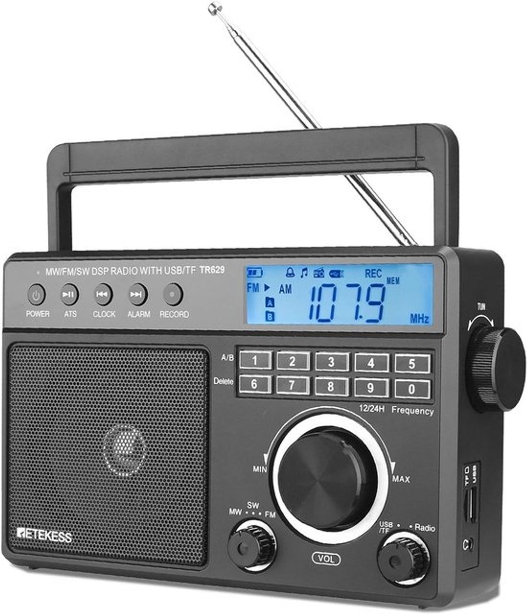 Draagbare Wereld Radio AM FM SW met DSP, USB/SD Kaart, Wekker - Ideaal voor Ouderen