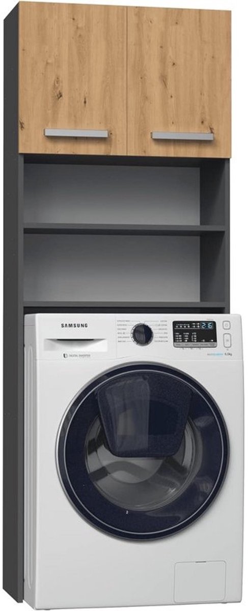 Hoge Badkamerkast Boven Wasmachine - Smal Waskast Meubel - Antraciet/Eiken