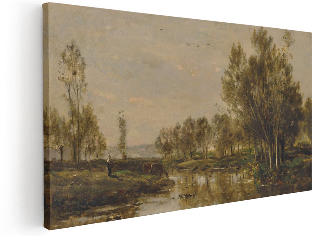 Artaza Canvas Schilderij Koeien - 160x80 cm - Groot - Wanddecoratie Landschap Natuur - Muurdecoratie Rivier - Kamer Accessoires Woonkamer