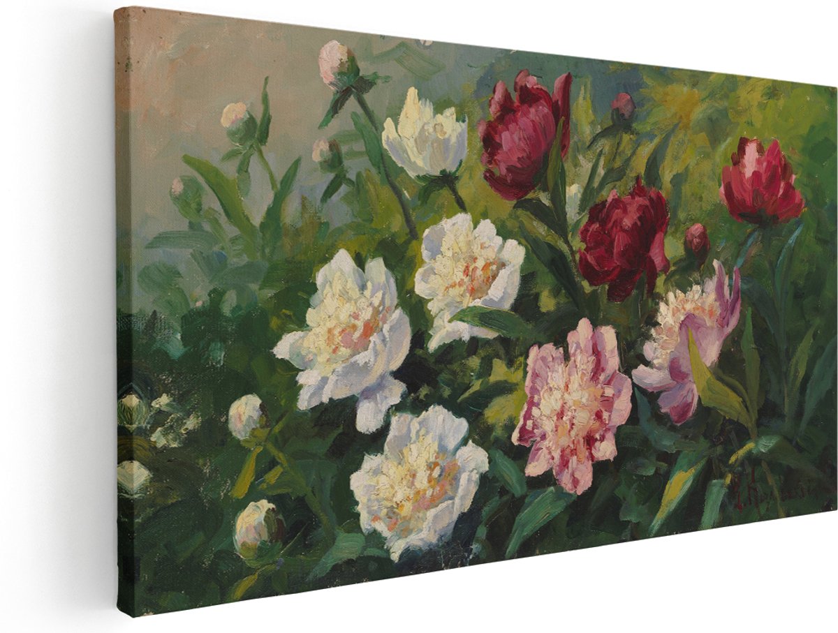 Artaza Canvas Schilderij Pioenrozen - 160x80 cm - Groot - Wanddecoratie Bloemen - Muurdecoratie Vintage Tuin - Kamer Accessoires Woonkamer - Rood