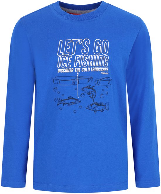 Koraalblauwe longsleeve met opdruk 'LET'S GO ICE FISHING' en vissen onder het ijs.