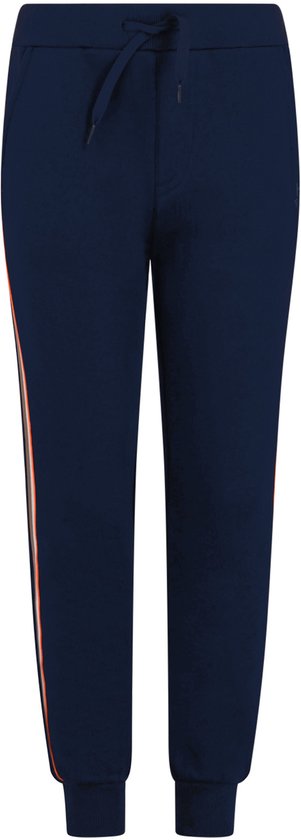 Donkerblauwe joggingbroek met contrasterende strepen op de zijkant en een koord aan de taille.