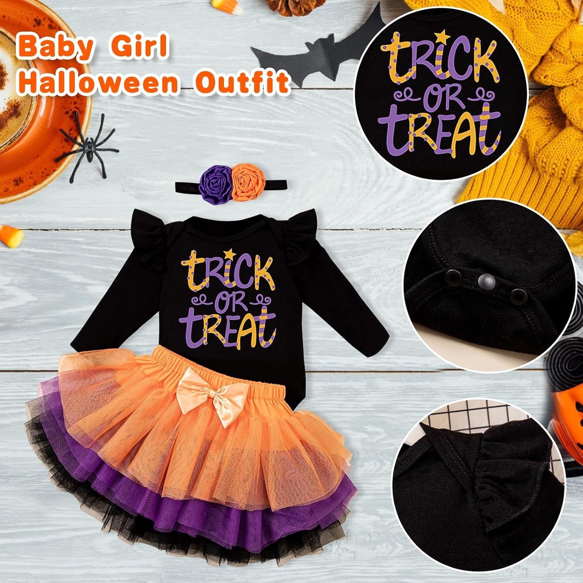 Schattige Halloween Outfit voor Baby Meisjes met Romper, Tutu Rok en Strik Haarband - Perfect voor Feestdagen en Fotoshoots