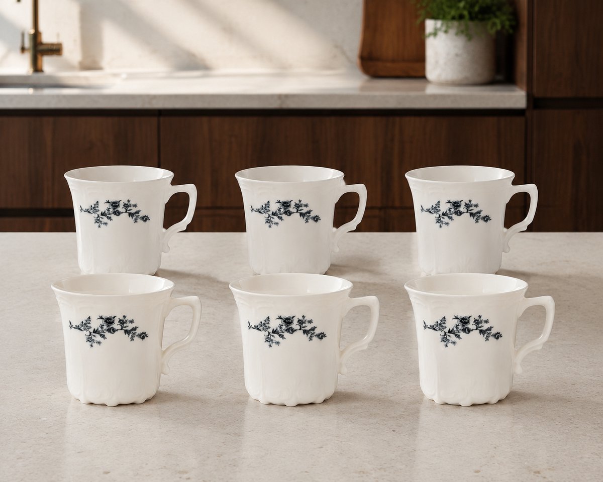 Fameilleur Exclusive Koffiekoppenset 20 cl – 6-Delige Porseleinen Kopjesset met Zwart Bloemendecor- Fameilleur koffiekoppenset, kopjesset 6 personen, koffiekopjes 20 cl, porseleinen kopjes, 6-delige koffieset, kopjes met bloemendecor