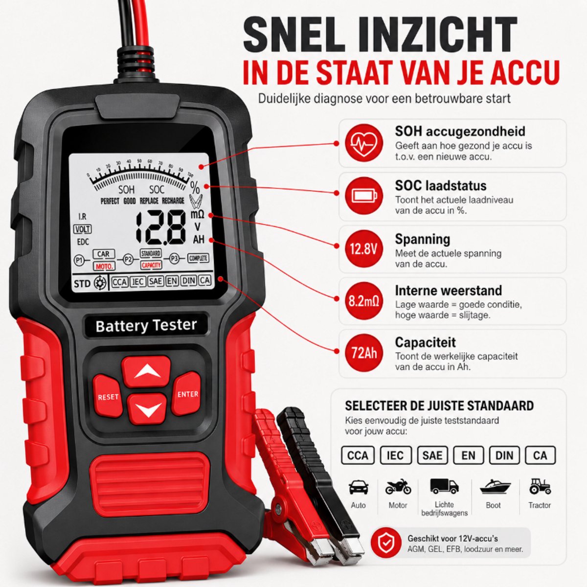 Batterijtester auto- Accu tester 12V 24V- Accudiagnose Tool -Storing Verwijderen – Auto Uitlezen –Voor Motor,Scooter,Boot,Camper thumbnail 4