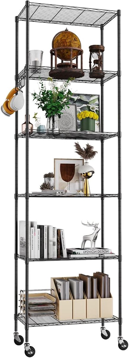 6-Laags Staande Rek met Wielen, Hoogte Verstelbaar, Duurzaam Opbergmeubel met Haken voor Badkamer, Keuken, Garage en Slaapkamer, Zwart, 29cm x 54cm x 175cm