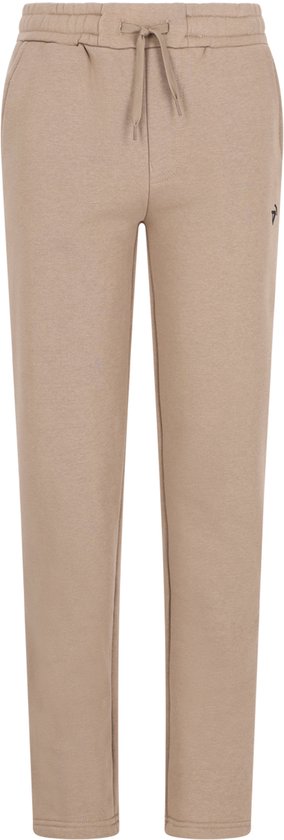 Beige jogger met elastische tailleband, trekkoord en klein merkembleem op de heup.