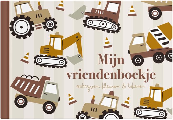 Boekomslag vriendenboekje met gele graafmachine, bruine dump truck, bruine bulldozer, gele betonmixer en groene tractor.