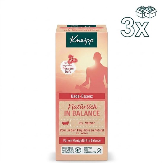 Kneipp Bade-Essenz Naturlich in Balance met Iris & Vetiver in een voordeelverpakking van 3x 100ml. Met aangename bloemige geur.