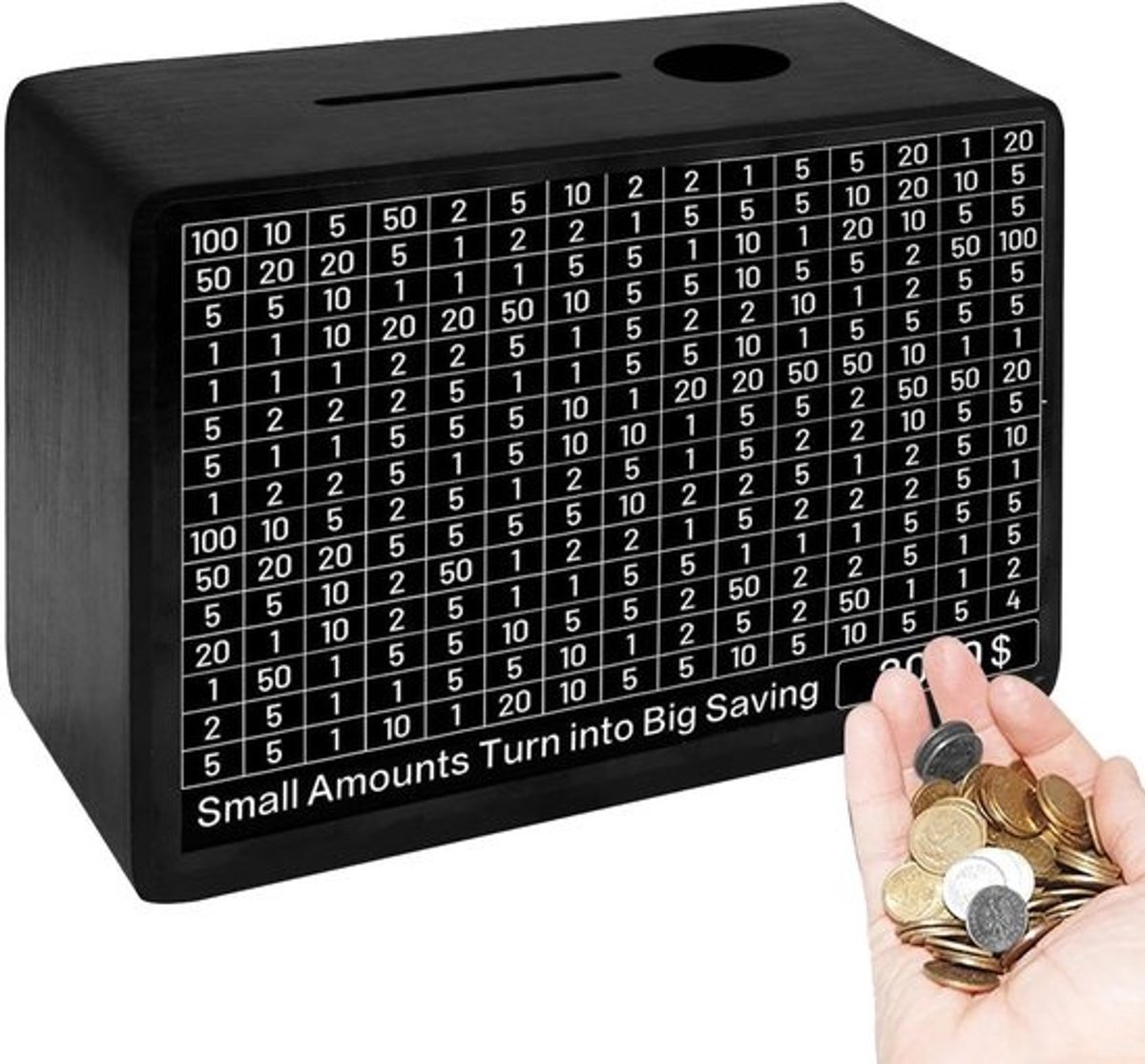 Houten Spaarpot - Geldkluis Sparen - Financiële Doelen - 10000 Euro Uitdaging - 20.5x14.5x8.5 cm - Zwart
