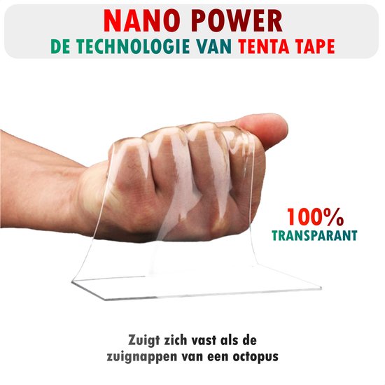 Een hand houdt een stuk transparant Tenta nano tape vast, met tekst die "100% Transparant" en "zuigt zich vast als de zuignappen van een octopus" aangeeft.