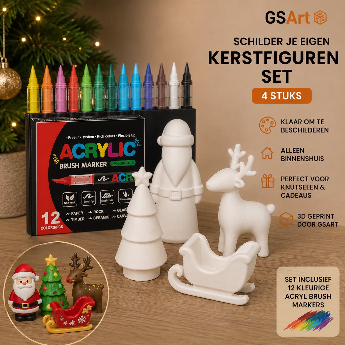 GSArt Schilder je eigen Kerstfiguren – 4 stuks – Inclusief 12 Acryl Brush Markers