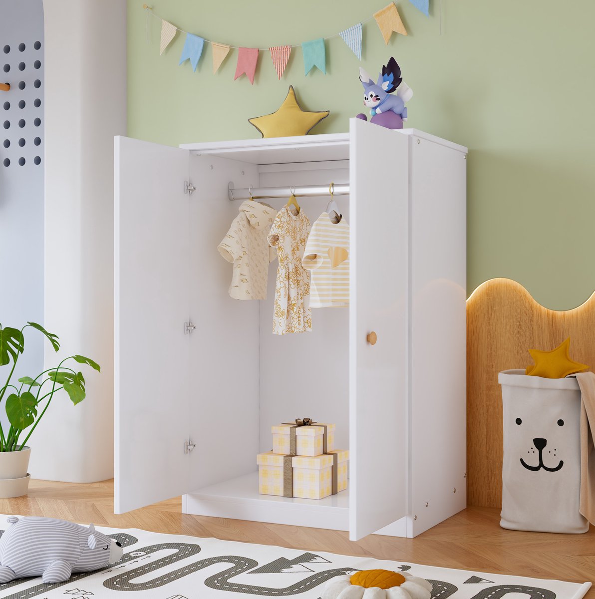 Wishdor Kledingkast - Compact en met kledingroede - 2 deuren en opbergruimte - Scandinavisch basic - Kinderkamer slaapkamer woonkamer - Mdf - Wit - 80 x 50 x 120 cm