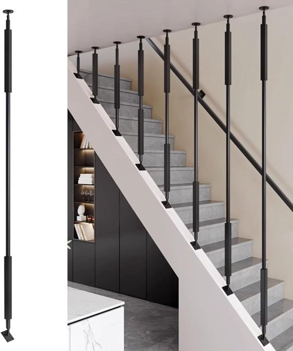 Verstelbare trapleuning - Metalen reling - Valbeveiliging trappen - 270° verstelbare basis - 223 cm lengte - Zwart