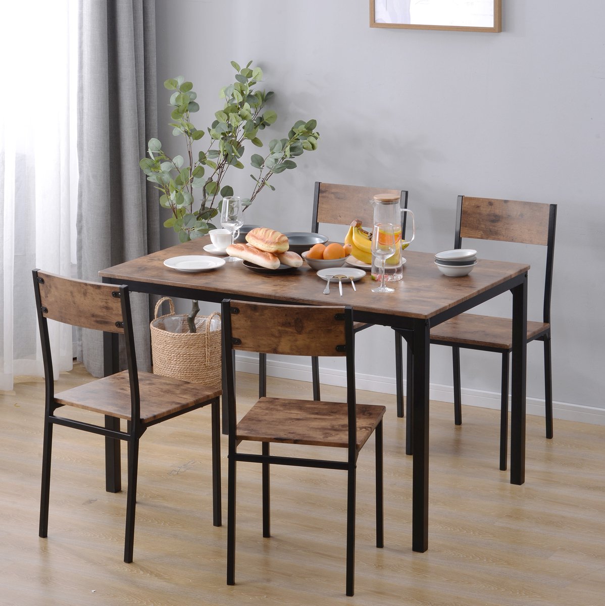 Wishdor Set tafel en stoelen - 4 stoelen - Plaatsbesparend - Minimalistisch ontwerp - Woonkamer eetkamer balkon - Hout metaal - Bruin - 108 x 65 x 75 cm