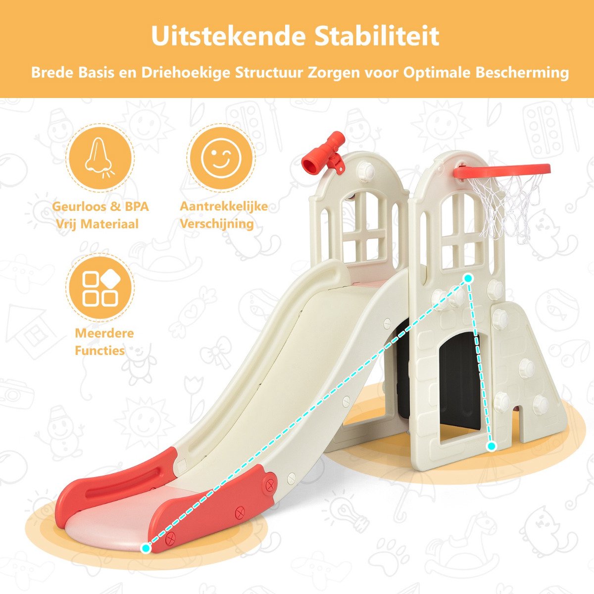 SureDeal® - Klimrekk - Kinderglijbaan Klimglijbaan - Basketbalring - Telescoop Roze - 189,5x83x98 cm - Roze