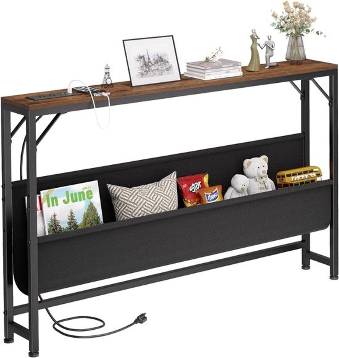 Slanke consoletafel - Smalle bijzettafel - Woonkamer opslag - Geïntegreerd laadstation - 120 cm breed - Rustiek bruin