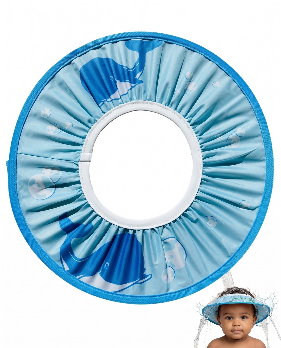 Namajunas Walvis Douchekapje Baby & Kind – Haarwas Hulp – Shampoo Cap – Verstelbaar – Oog- en Oorbescherming – 30 cm – Siliconen Binnenring – Blauw