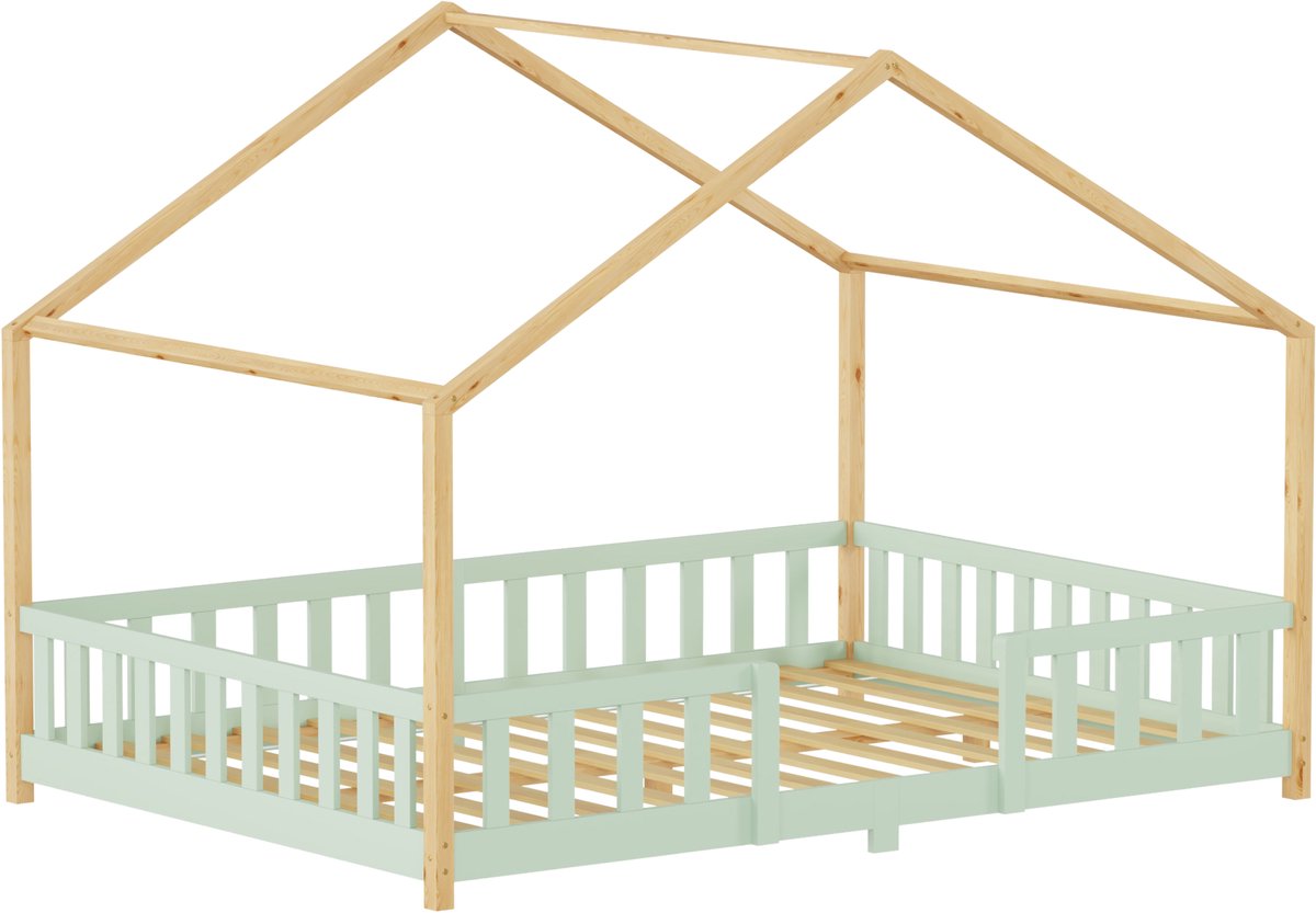 Kinderbed Treviolo huisbed 120x200 cm mintgroen en naturel [en.casa]