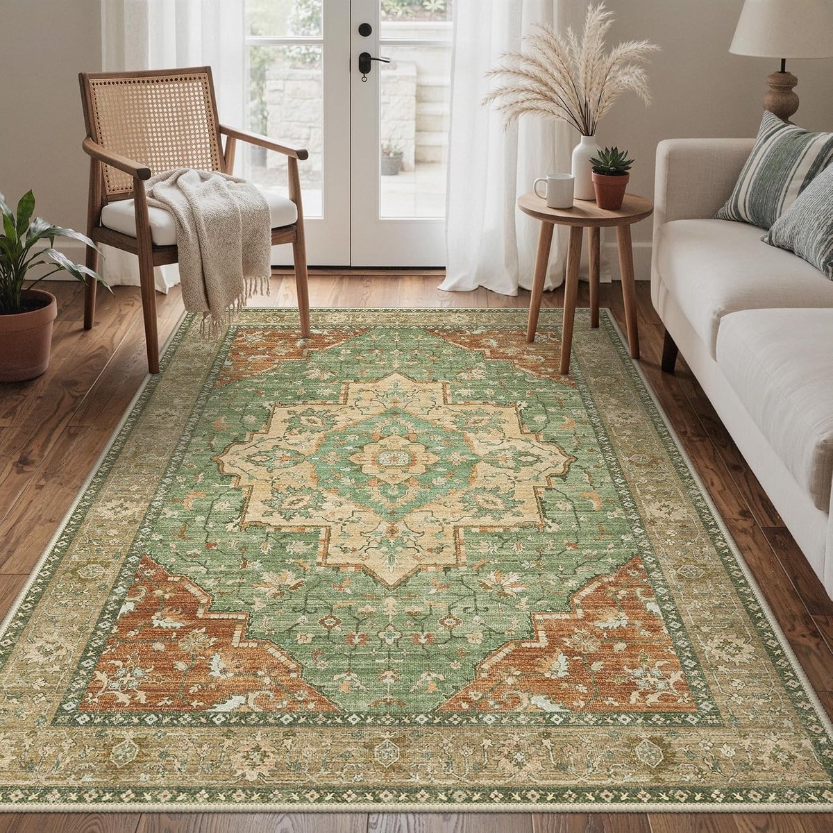 Wasbaar vintage boho-tapijt voor woonkamer en slaapkamer, antislip en zacht, olijfgroen, ideaal voor badkamer en eetkamer