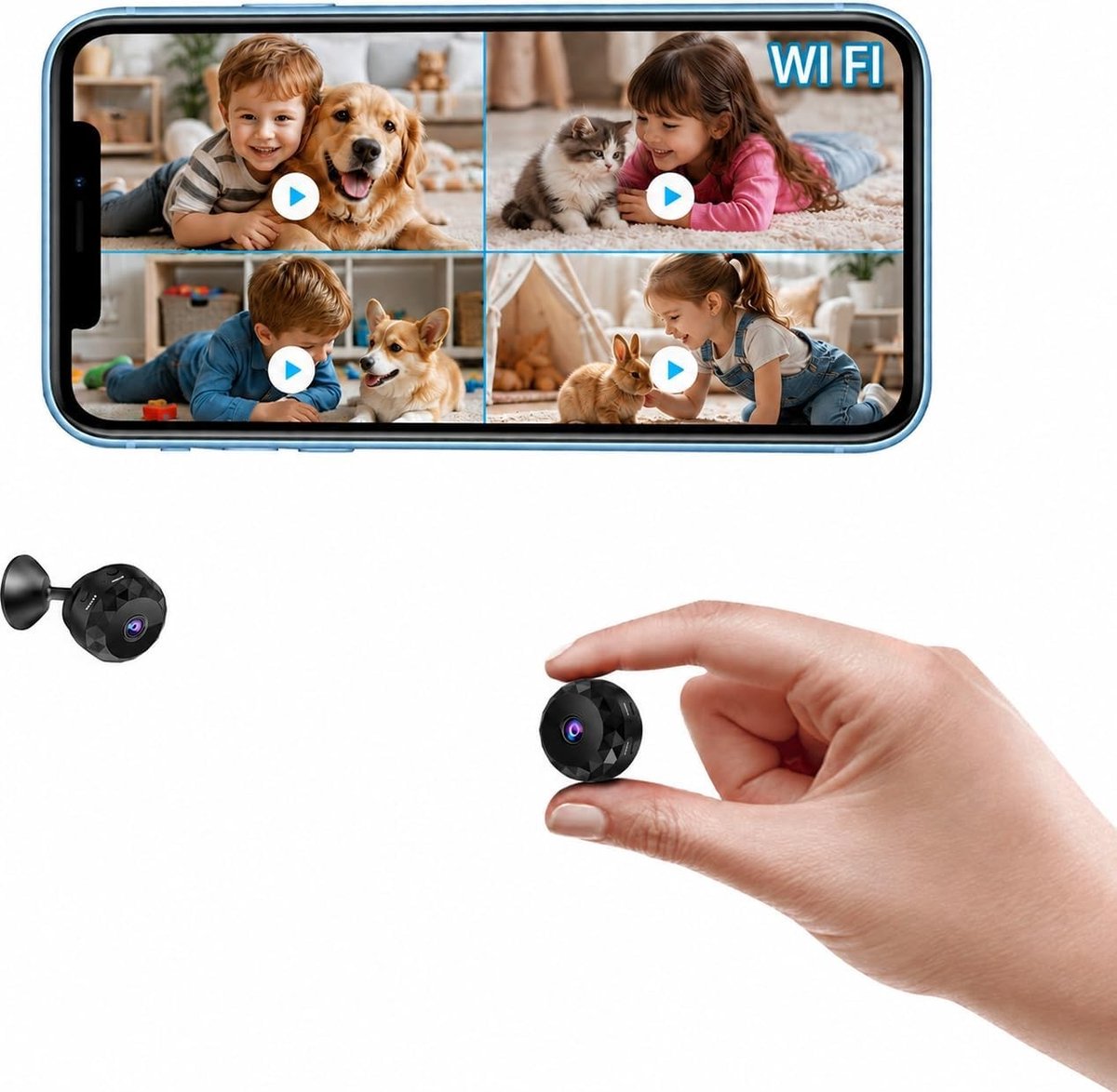 Mini camera 720p Full HD WLAN beveiligingscamera voor binnen met live overdracht via mobiele app, compact en met bewegingsdetectie