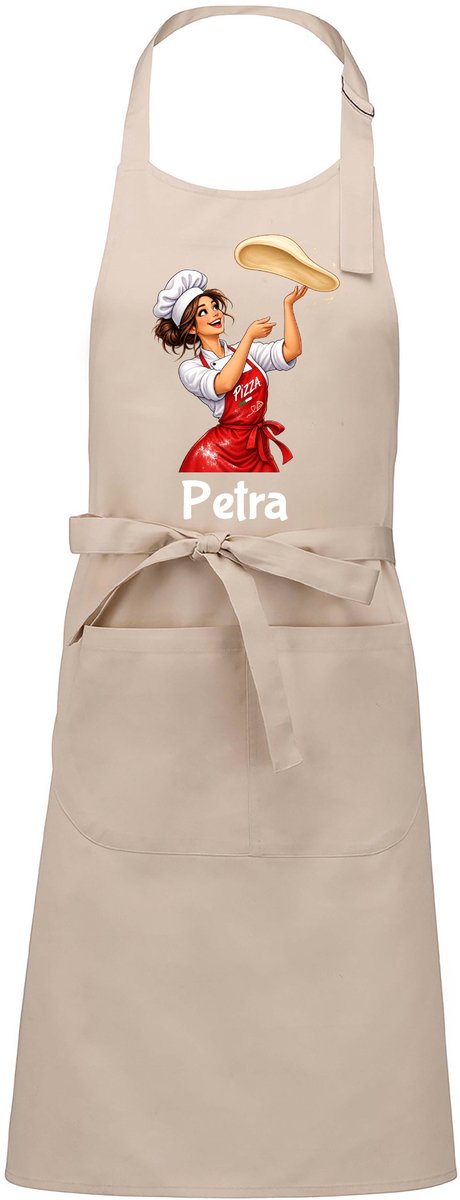 Luxe Horecaschort - Unisex Schort - Keukenschort - Barbecueschort - Kookschort - Halterschort - 76 x 90 cm - voorvak - verstelbaar - Pizza - vrouw - met naam - beige