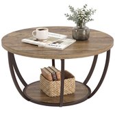 Ronde Salontafel met Opbergruimte - salontafel - salontafel rond - woonkamer tafel - Bijzettafel - tafel - 80x80x43,8 cm - Twee-laags Woonkamer Tafel van Hout en Bruin Metaal - Industrieel Design