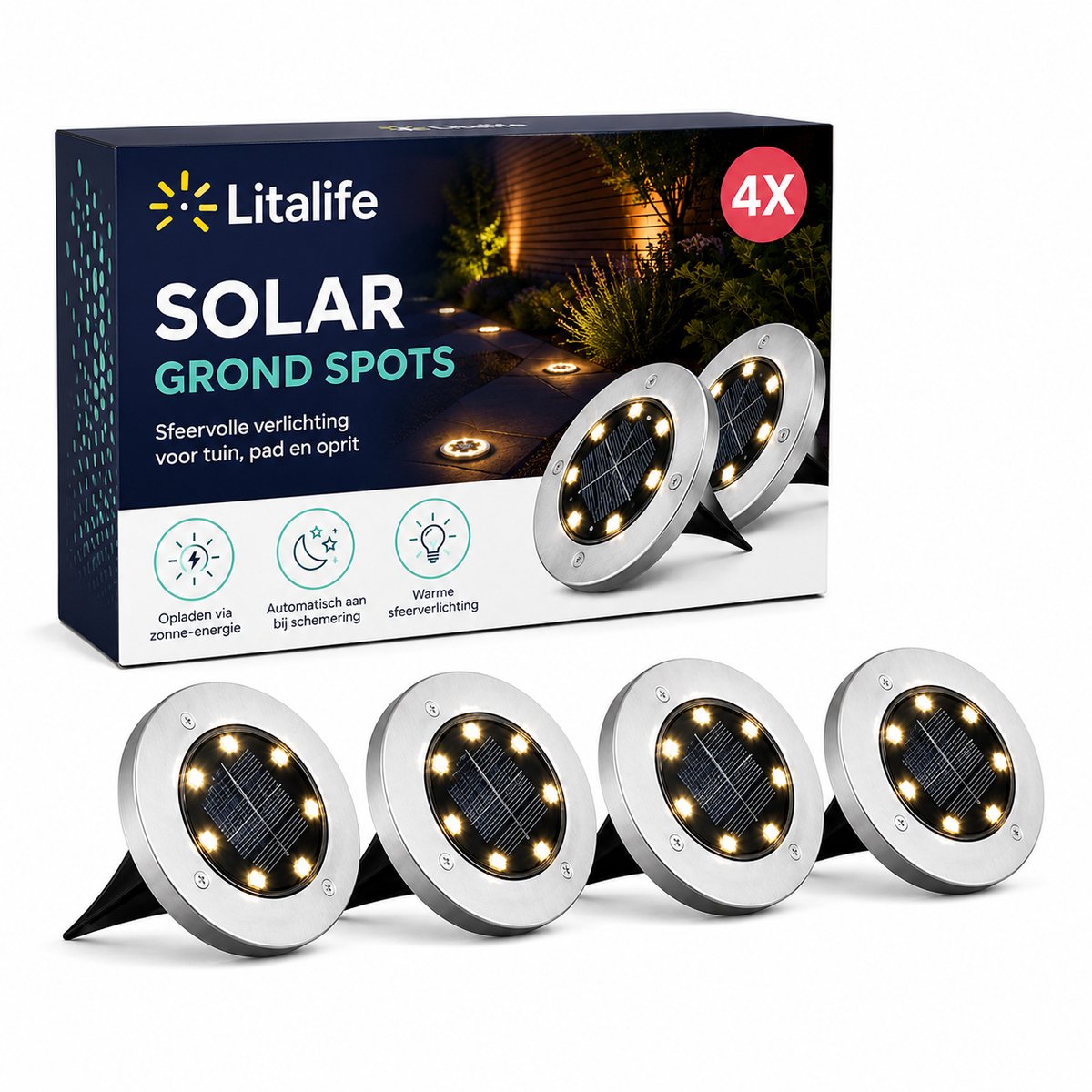 Litalife 4 Stuks LED Solar Grondspot Zilver - Buitenlamp Tuinverlichting op Zonne-Energie - Prikspot