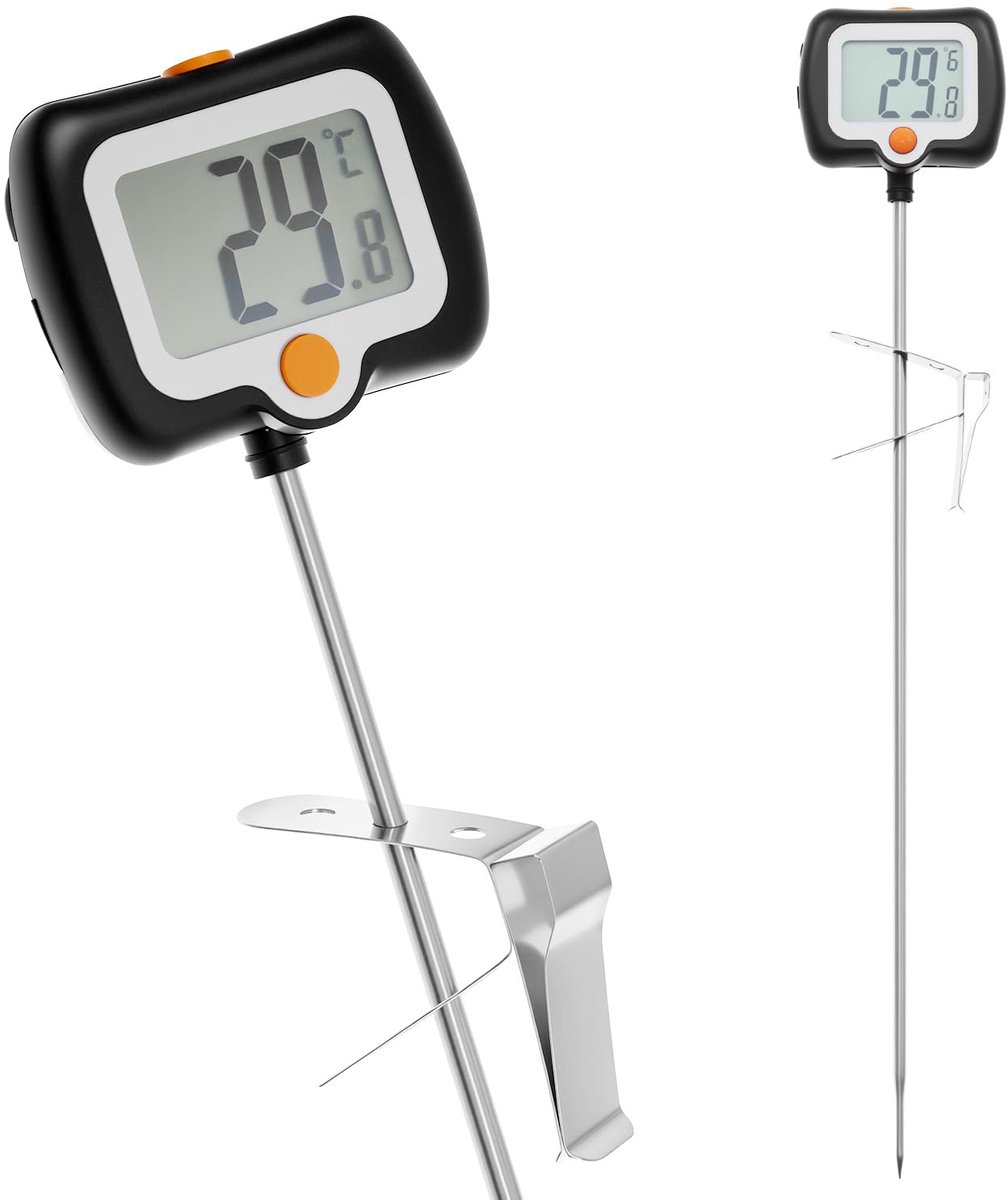 Digitale Keukenthermometer - Kernthermometer - Suikerthermometer met 180° Draaibaar Scherm, Panclip & Beschermhuls - -50°C tot +300°C - Geschikt voor Chocolade, Melk, Frituur, Snoep & BBQ - 25 cm Sonde - RVS - Zwart