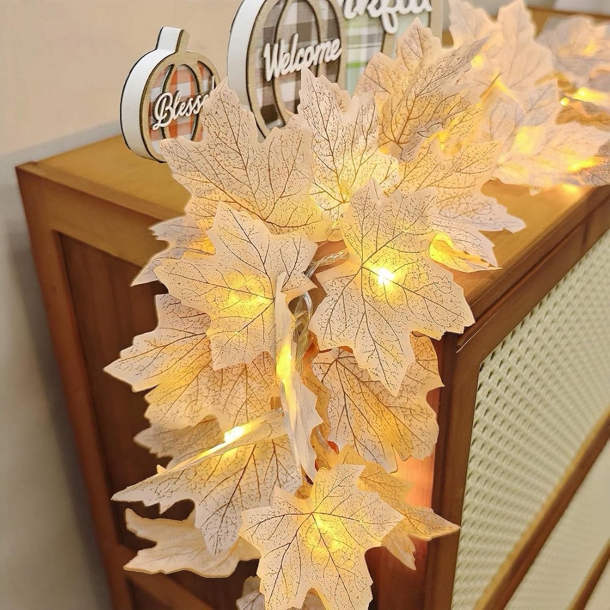 Herfstlichtslinger - 6 meter met 40 LED's - warmwitte verlichting - voor herfstsfeer thuis - batterijlichtslinger - voor feestliefhebbers - wit - 2 stuks
