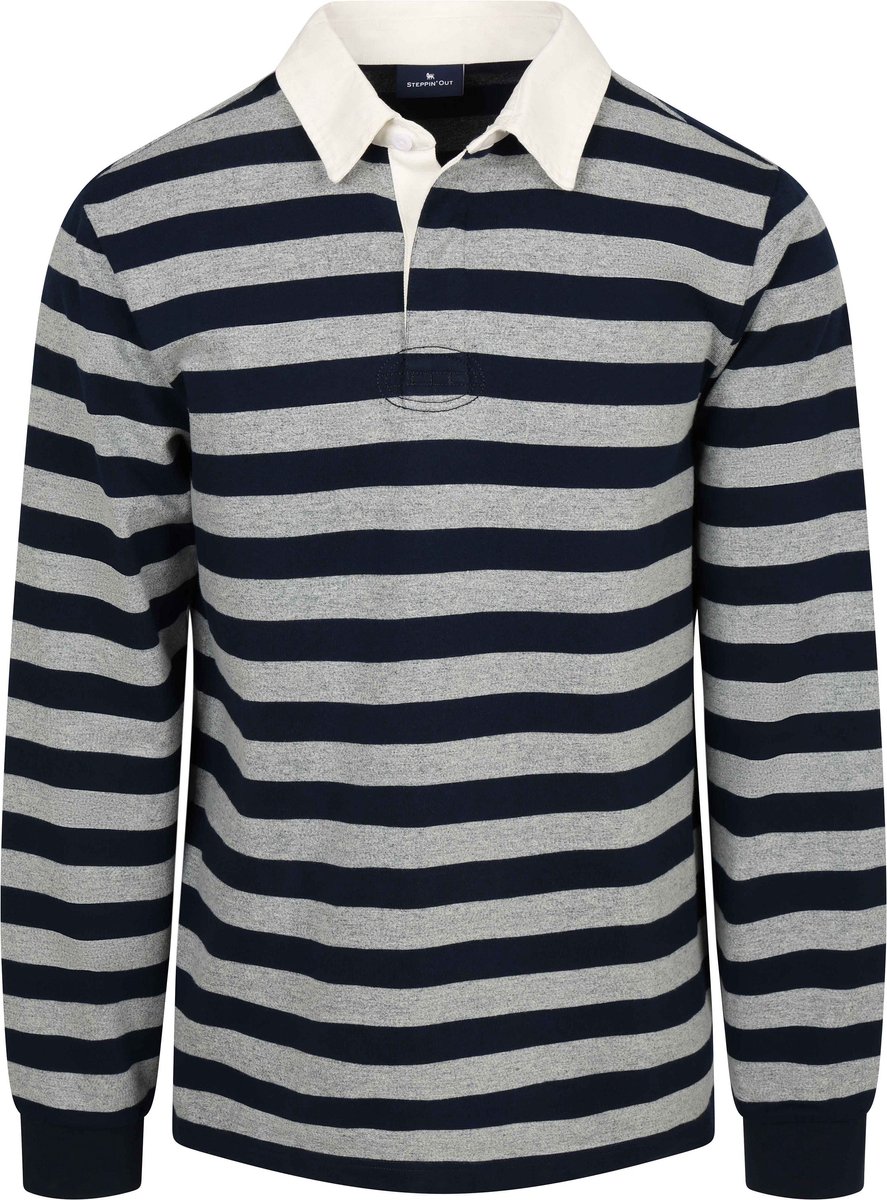 Steppin' Out Rugby Polo Streep Navy Grijs - Maat XL - Heren - Longsleeve polo