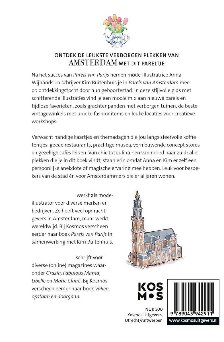 Boekomslag met de titel 'Parels van Amsterdam' en een illustratie van een Amsterdamse grachtenpand met bloemen.
