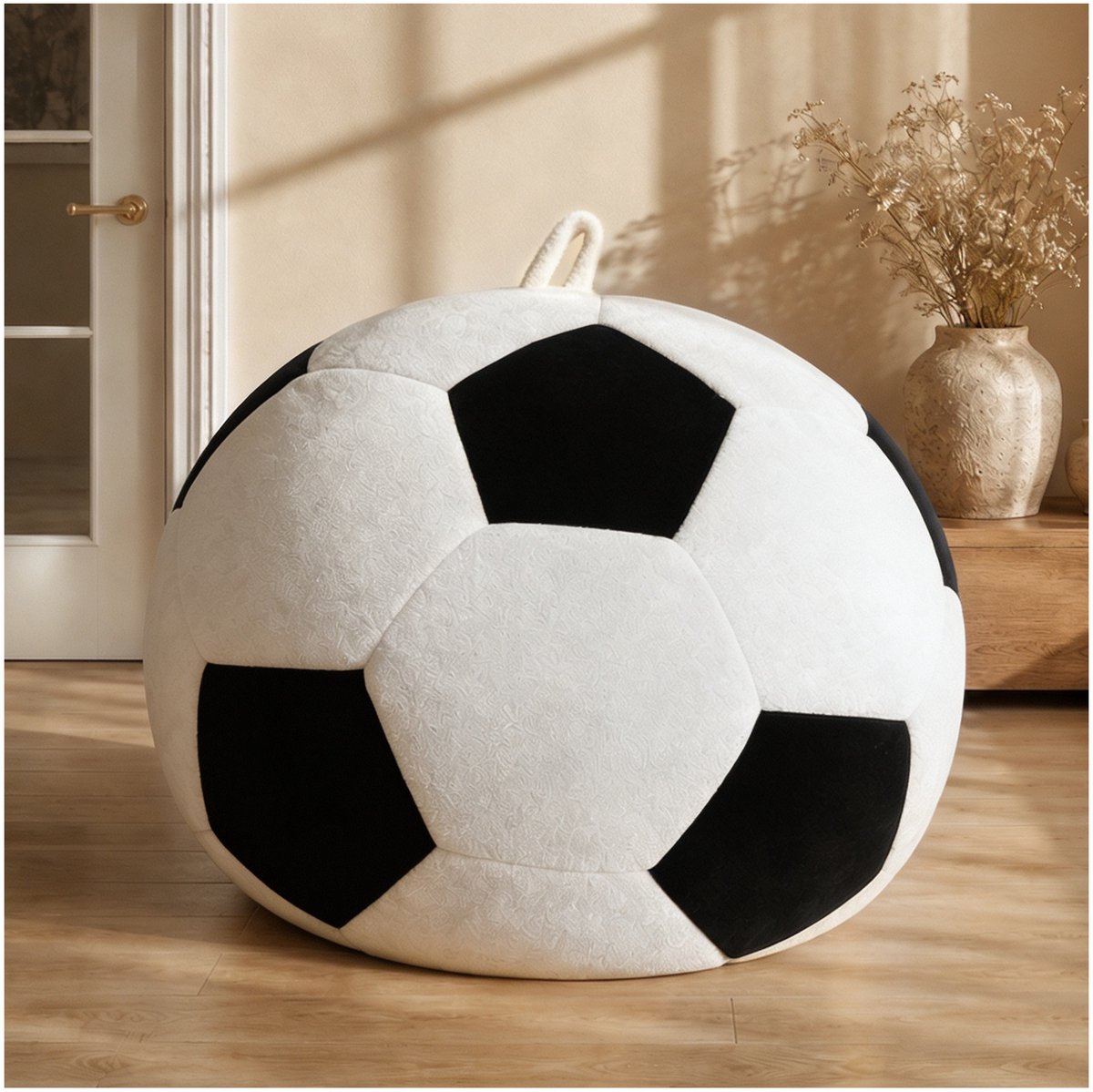 COVREO Zitzak voetbal 130x130x90 cm zwart wit flanel - voor binnen - zitmeubel voor volwassenen