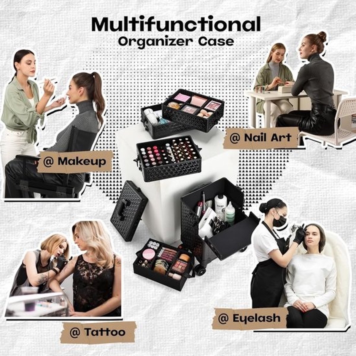 4-in-1 Cosmetische Trolley - Grote Make-upkoffer met Wieltjes en Afneembare Vakjes