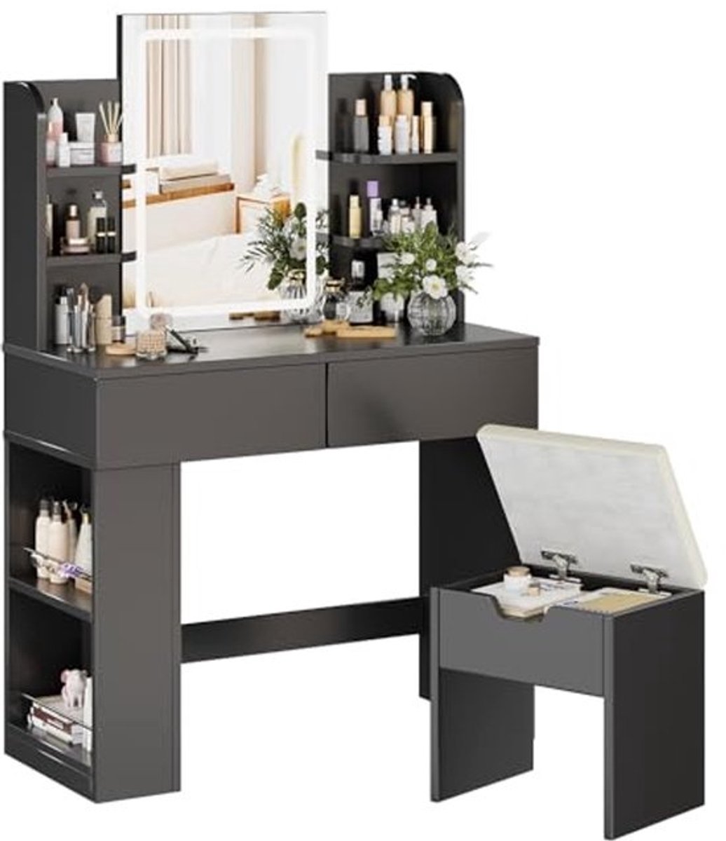 Kaptafel met Kruk en Spiegel - Frisiertafel met LED Verlichting en 2 Laden - Modern Design