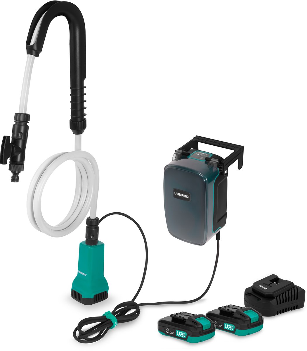 VONROC Accu Regentonpomp 20V - 80W - 1800 l/u - 1,75 bar – Met droogloopbeveiliging - Incl. 2x 2.0Ah accu en snellader