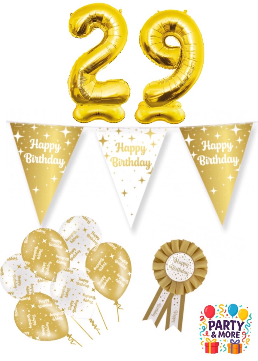 Party & More - 29 jaar - verjaardag versiering - ballonnen - slinger - cijferballon - Luxe Gouden Feestdecoratie Set – Compleet Pakket – versiering - verjaardag